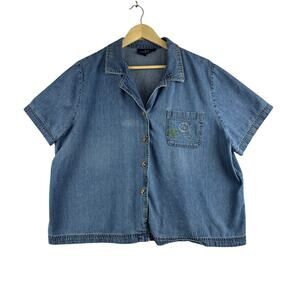 Original TY Wear Blue Denim Button Front Short Sleeve Shirt Womens 20W Fish READ